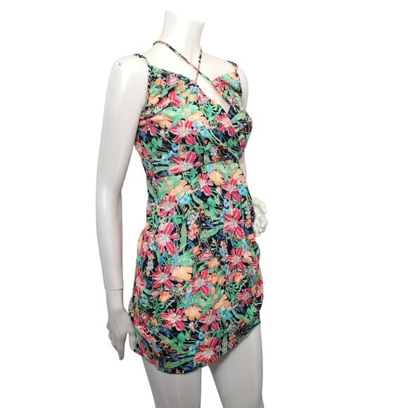 Reverse Tropical Floral Mini Dress Strappy Ruched Side Cinched Waist Black Blue - Picture 9 of 10
